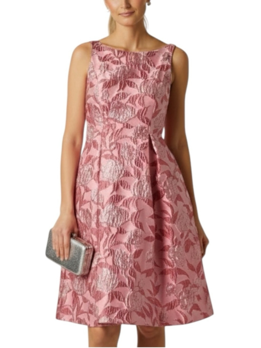 NWT ADRIANNA PAPELL Pink Floral Metallic Sleeveless Jacquard Dress Size 4